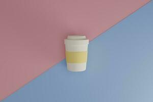 3d render of minimal takeaway coffee cup mockup on pink and light blue top view background photo