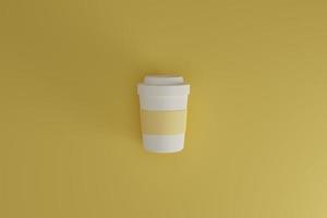 3d render of minimal takeaway coffee cup mockup on yellow top view background photo