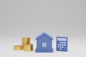 3d render of house caculator and stack of gold coin saving money concept for invest real estate on white background photo