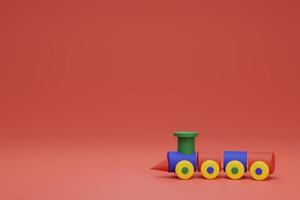 3d render of wooden colorful train toy in red background with copy space photo