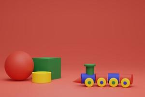 3d render of wooden colorful train toy in red background with copy space photo
