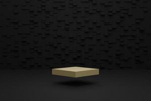 3d render of futuristic abstract square black wall and minimal floating gold square podium mockup for product showcase advertisement photo