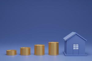 3d render of house and row stack of gold coin saving money concept for invest real estate on blue background photo