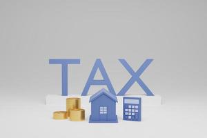 3d render of house caculator and stack of gold coin with tax letter fincancial concept on white background photo