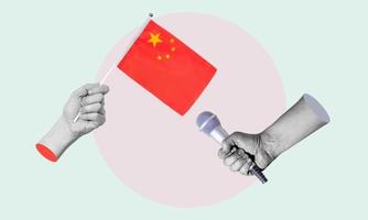 Art collage, collage of a hand holding the flag of China, microphone in the other hand. photo