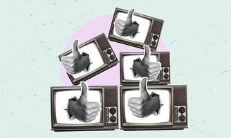 Art collages, Modern art collages many TVs with thumbs up or thumbs up. photo