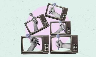 Collage art, lots of retro TVs with a hand with a microphone sticking out of them. photo