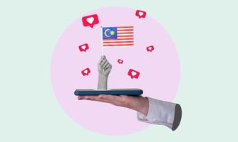 Art collage, a woman's hand comes out of a phone with the flag of Malaysia, on a light background. photo