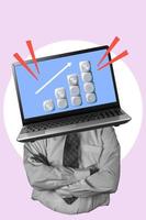 Modern design, collage of modern art. businessman with a laptop instead of his head on a light background. photo