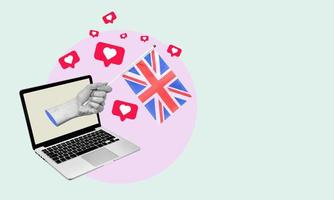 The art collage is a hand with the UK flag from a laptop with hearts and barks on a light background. photo