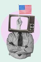 Art collage, American flag from TV, standing man in the shirt on a light background. photo