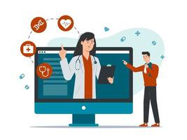 Online doctor concept with female doctor on computer screen meeting a patient vector
