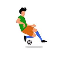 vector ilustración de un masculino fútbol jugador personaje hábilmente golpear el pelota. plano dibujos animados ilustración de activo masculino personaje deporte hora atleta