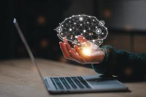 Artificial Intelligence. man using technology smart robot AI, artificial intelligence by enter command prompt for generates something, Futuristic technology transformation. photo
