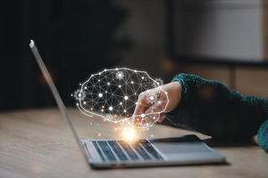 Artificial Intelligence. man using technology smart robot AI, artificial intelligence by enter command prompt for generates something, Futuristic technology transformation. photo