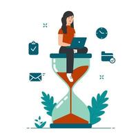 Effective time management concept with girl sitting on hourglass illustration vector