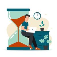 Time management concept with man working on laptop illustration vector
