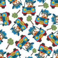 Seamless pattern of cute little animal driving a car go to forest funny animal cartoon,vector illustration. Vector illustration. T-Shirt Design for children. Design elements for kids.