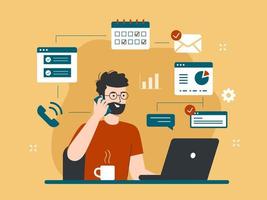 Multitasking and productivity concept with busy man working on laptop illustration vector