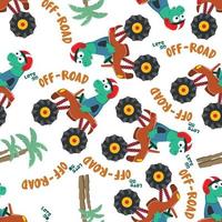 Seamless pattern vector of monster truck with animal driver. Creative vector childish background for fabric textile, nursery background, baby clothes, poster, wrapping paper and other decoration.