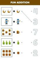 Education game for children fun counting and add one more cartoon pipe old man mug bottle barrel then choose the correct number pirate worksheet vector