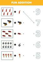Education game for children fun counting and add one more cartoon dynamite cannon bomb torch then choose the correct number pirate worksheet vector