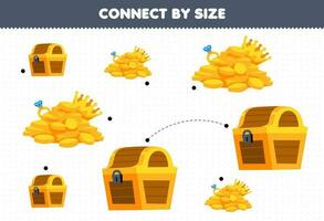 Educational game for kids connect by the size of cute cartoon gold and treasure chest printable pirate worksheet vector