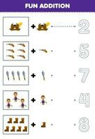 Education game for children fun counting and add one more cartoon hat gun sword man boot then choose the correct number pirate worksheet vector