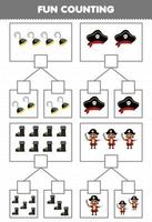 Education game for children fun counting picture in each box of cute cartoon hook hat boot and man printable pirate worksheet vector