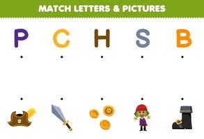 Education game for children match letters and pictures of cute cartoon hat sword coin boot printable pirate worksheet vector