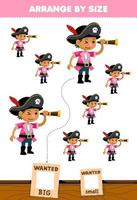 Education game for children arrange by size big or small picture of cute cartoon boy carrying spyglass character printable pirate worksheet vector