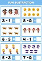 Education game for children fun subtraction by counting and eliminating cute cartoon captain boy boot coin shell mermaid printable pirate worksheet vector