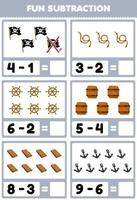 Education game for children fun subtraction by counting and eliminating cute cartoon flag rope wheel barrel wooden board anchor printable pirate worksheet vector