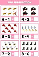 Education game for children fun subtraction by counting and eliminating cute cartoon spyglass hat bandana sword hook boot printable pirate worksheet vector