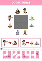Education game for children logic puzzle build the road for boys move to ship and cave printable pirate worksheet vector