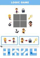 Education game for children logic puzzle build the road for cute character move to correct object printable pirate worksheet vector