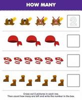 Education game for children count how many cute cartoon hat bandana shirt boot and write the number in the box printable pirate worksheet vector