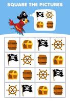 Education game for children help cute cartoon parrot square the correct wheel flag chest barrel set picture printable pirate worksheet vector