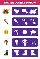 Education game for children find the correct shadow silhouette of cute cartoon hat sword coin man and boot printable pirate worksheet vector