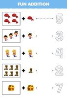 Education game for children fun counting and add one more cartoon bandana woman mermaid boot chest then choose the correct number pirate worksheet vector