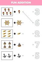 Education game for children fun counting and add one more cartoon man wheel spyglass ship anchor then choose the correct number pirate worksheet vector