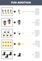 Education game for children fun counting and add one more cartoon sword man hook coin boot then choose the correct number pirate worksheet vector