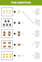 Education game for children fun counting and add one more cartoon key padlock bald man chest treasure then choose the correct number pirate worksheet vector