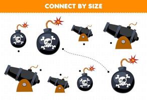 Educational game for kids connect by the size of cute cartoon cannon and bomb printable pirate worksheet vector