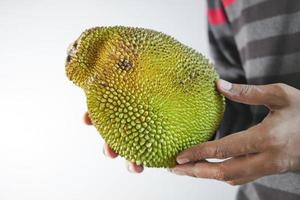 top view of jackfruits in a bowl on table. photo