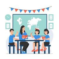 Teacher with students sitting at table and reading book together in classroom vector