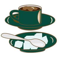 Coffee set. a cup and a coffee pot with sugar and a spoon on a saucer. Coffee shop illustration banner poster business card. vector