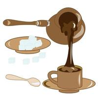 Coffee set. a cup and a coffee pot with sugar and a spoon on a saucer. Coffee shop illustration banner poster business card. vector