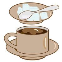 café colocar. un taza y un café maceta con azúcar y un cuchara en un platillo. café tienda ilustración bandera póster negocio tarjeta. vector