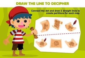 Education game for children help boy draw the lines to separate the treasure map printable pirate worksheet vector